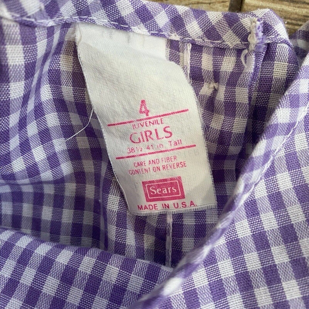Vintage Sears Dress Baby Girl 4 Toddler Purple White Checkered USA Made Smocked - Picture 4 of 10